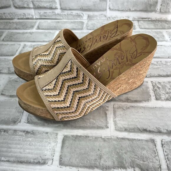 Blowfish Malibu Women's Size 7.5 Tan Chevron Woven Cork Platform Wedge Slides - Picture 9 of 11